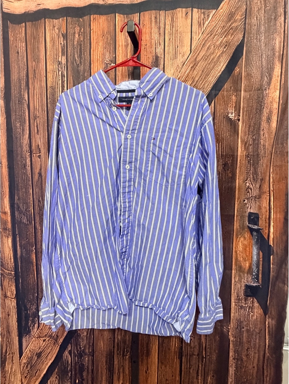 Tommy Hilfiger Men's Medium Blue and White Striped Button-Down Shirt